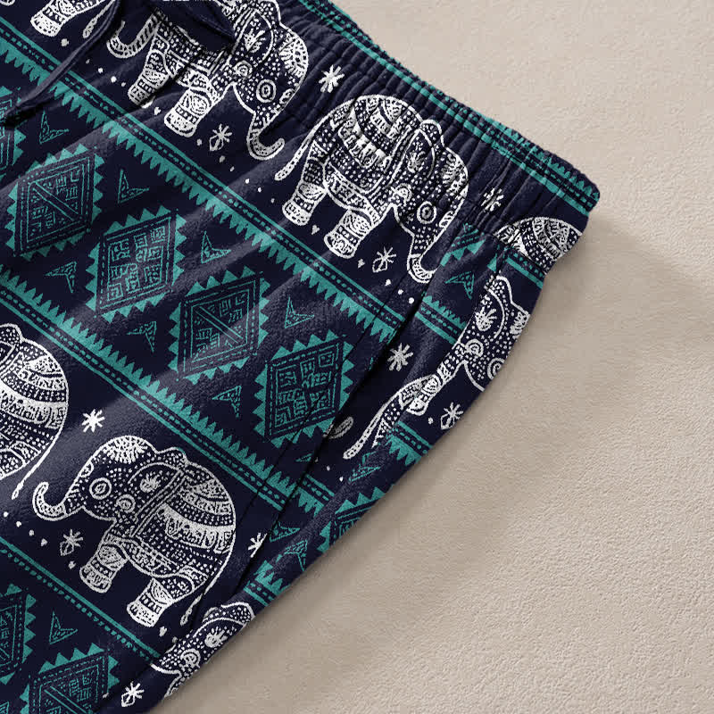 Nimara Ritual Cotton Elephant Geometric Stripe Pattern Men's Tapered Pants With Pockets