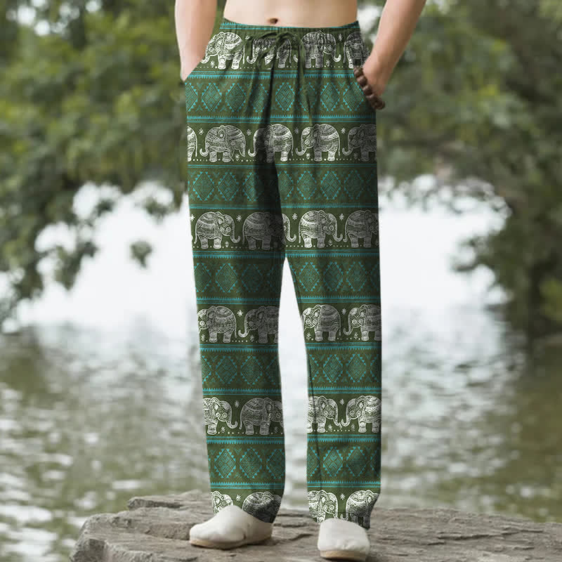 Nimara Ritual Cotton Elephant Geometric Stripe Pattern Men's Tapered Pants With Pockets