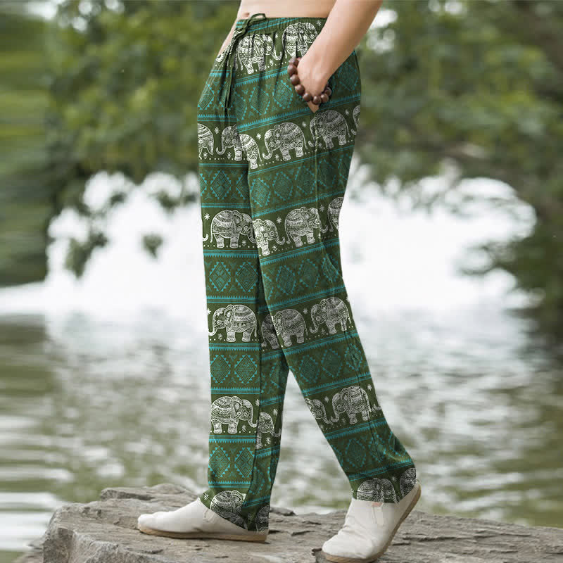 Nimara Ritual Cotton Elephant Geometric Stripe Pattern Men's Tapered Pants With Pockets