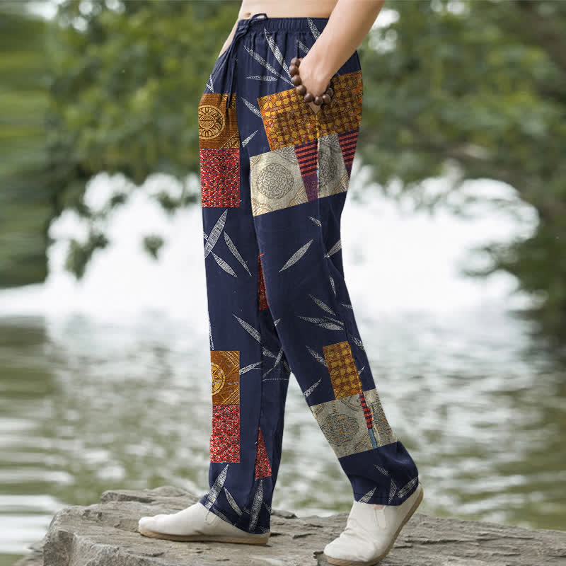 Nimara Ritual Cotton Bohemian Patchwork Leaf Pattern Men's Tapered Pants With Pockets