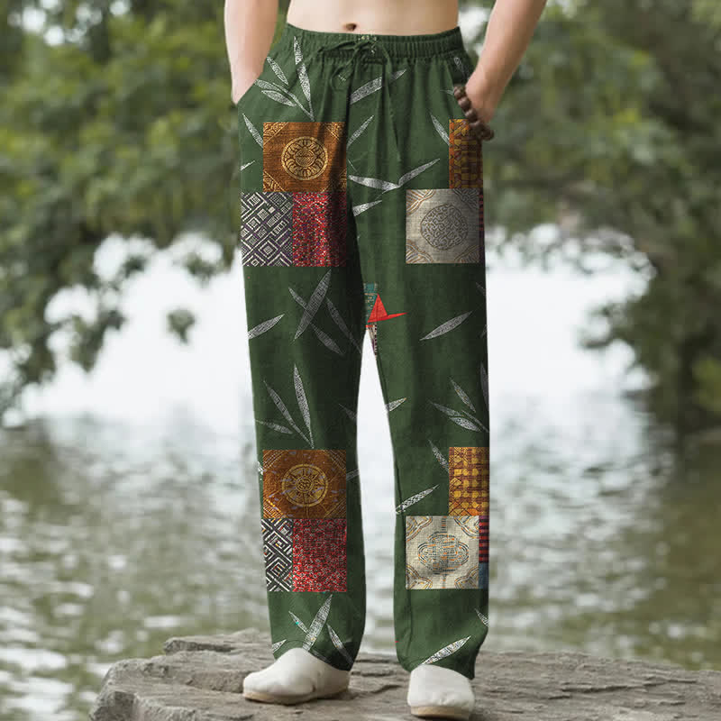 Nimara Ritual Cotton Bohemian Patchwork Leaf Pattern Men's Tapered Pants With Pockets