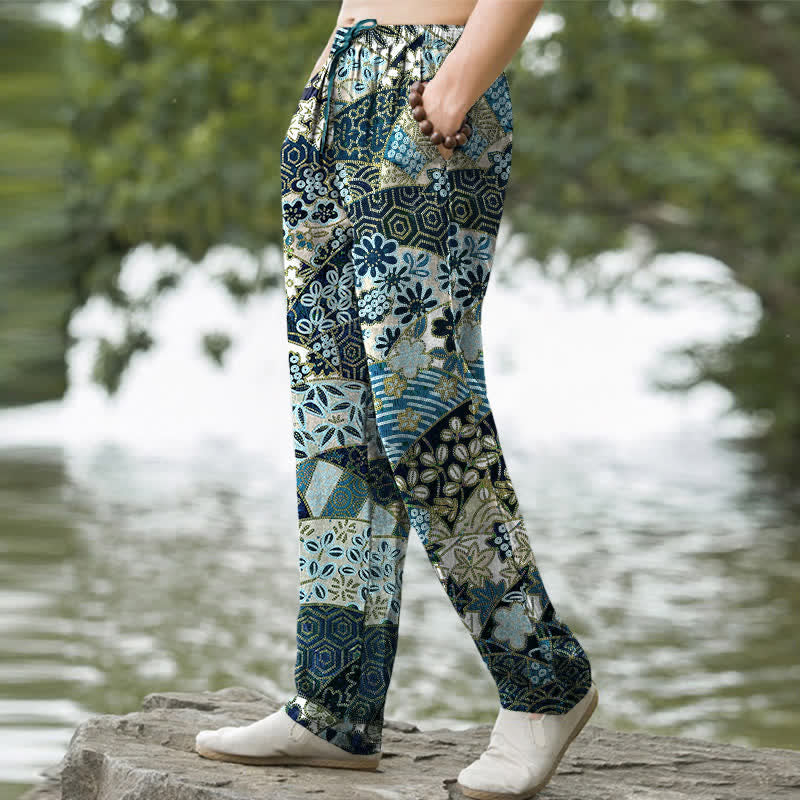 Nimara Ritual Cotton Bohemian Patchwork Pattern Men's Tapered Pants With Pockets