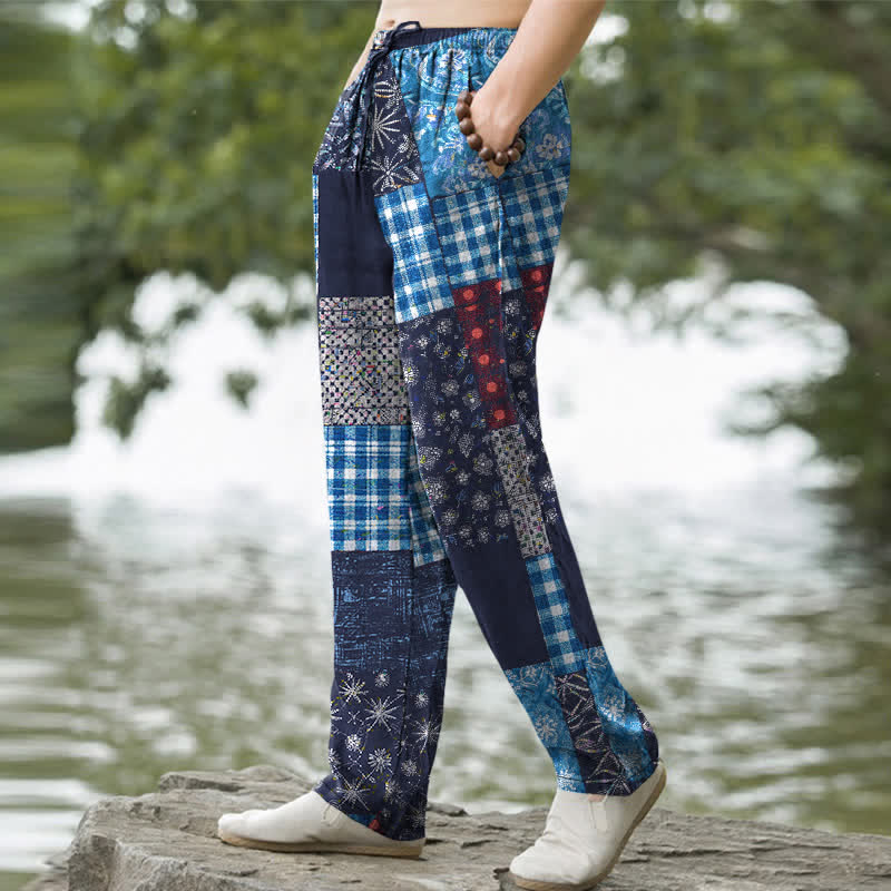 Nimara Ritual Cotton Patchwork Floral Pattern Men's Tapered Pants With Pockets