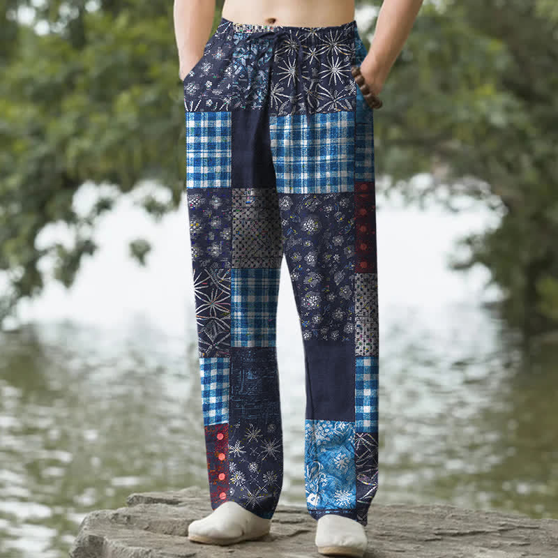 Nimara Ritual Cotton Patchwork Floral Pattern Men's Tapered Pants With Pockets
