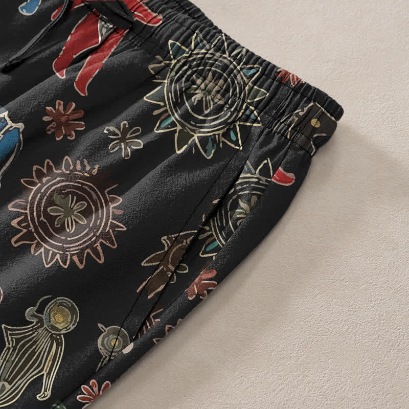 Nimara Ritual Cotton Bohemian Sun Figure Pattern Men's Tapered Pants With Pockets