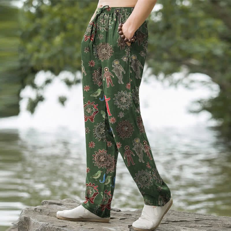 Nimara Ritual Cotton Bohemian Sun Figure Pattern Men's Tapered Pants With Pockets