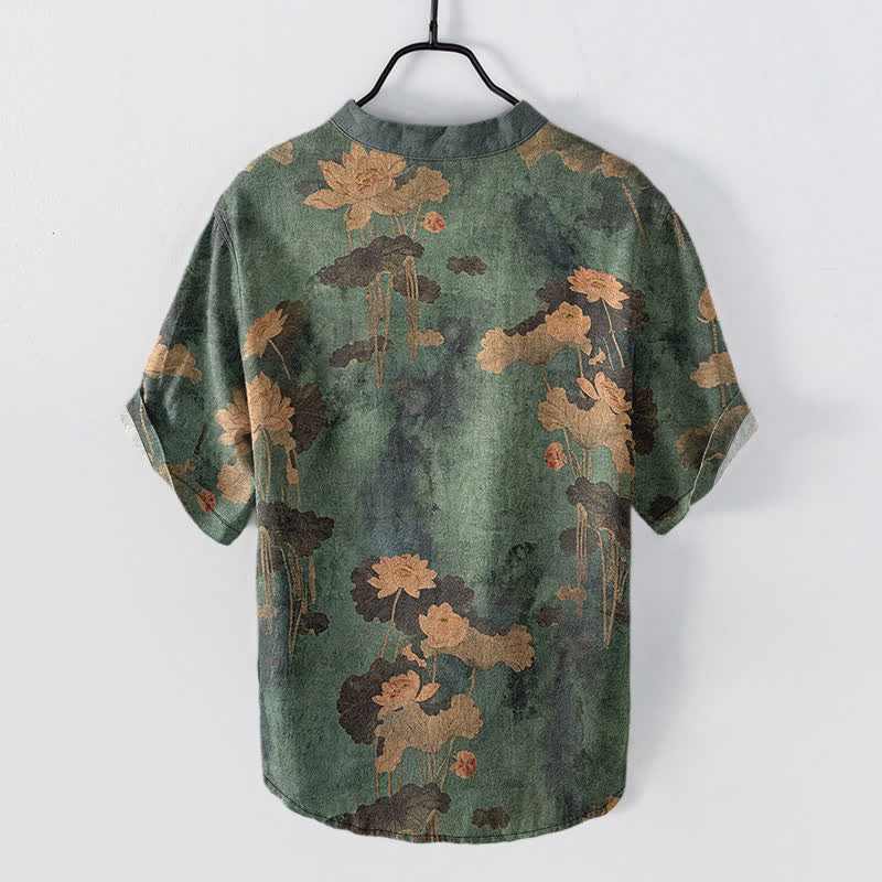 Nimara Ritual Cotton Lotus Floral Pattern Men's Short Sleeve Half Button Shirt
