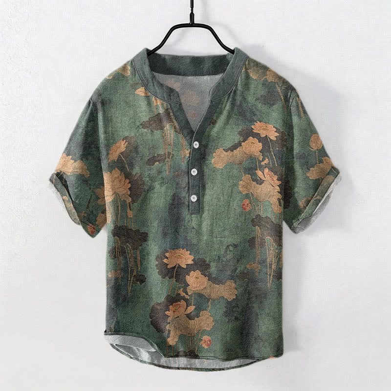 Nimara Ritual Cotton Lotus Floral Pattern Men's Short Sleeve Half Button Shirt