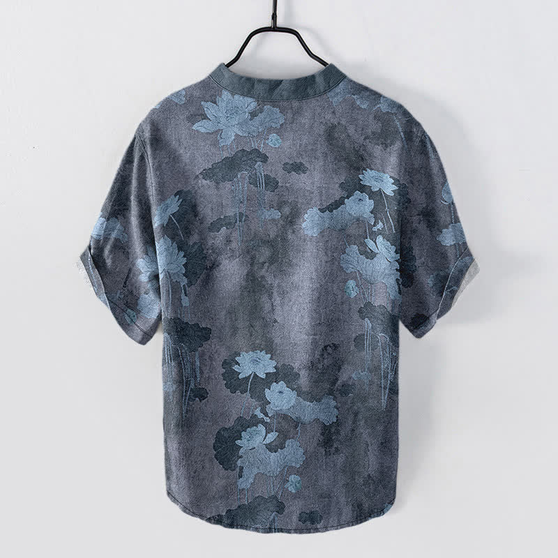 Nimara Ritual Cotton Lotus Floral Pattern Men's Short Sleeve Half Button Shirt