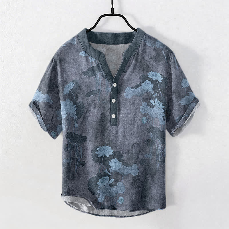 Nimara Ritual Cotton Lotus Floral Pattern Men's Short Sleeve Half Button Shirt
