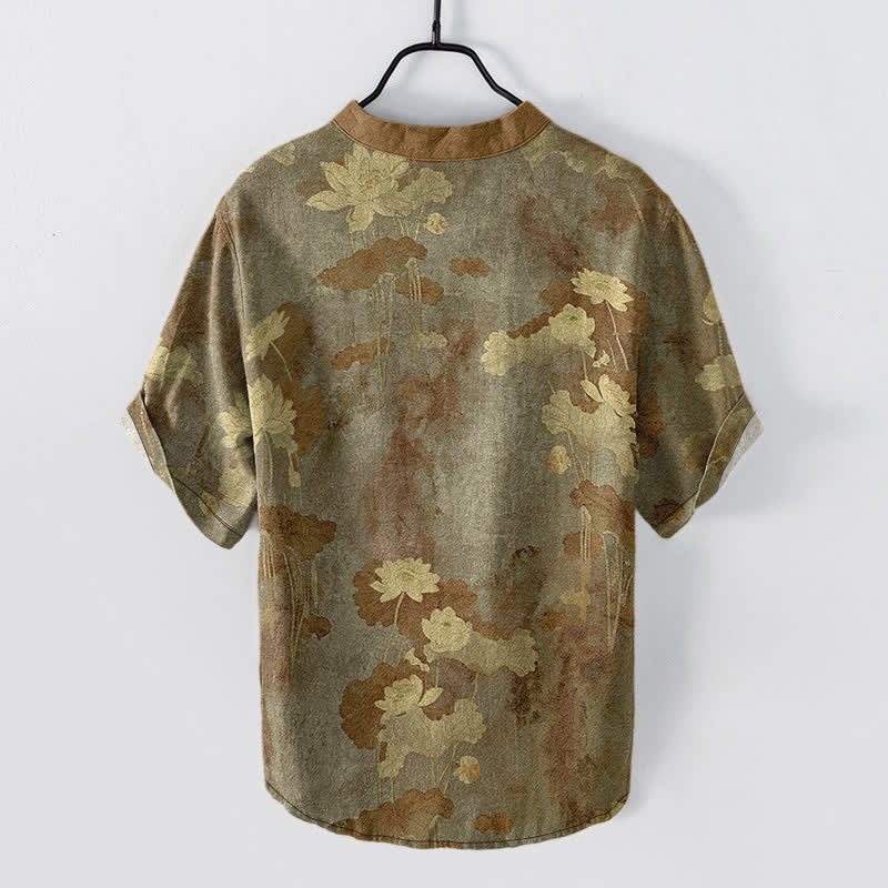 Nimara Ritual Cotton Lotus Floral Pattern Men's Short Sleeve Half Button Shirt