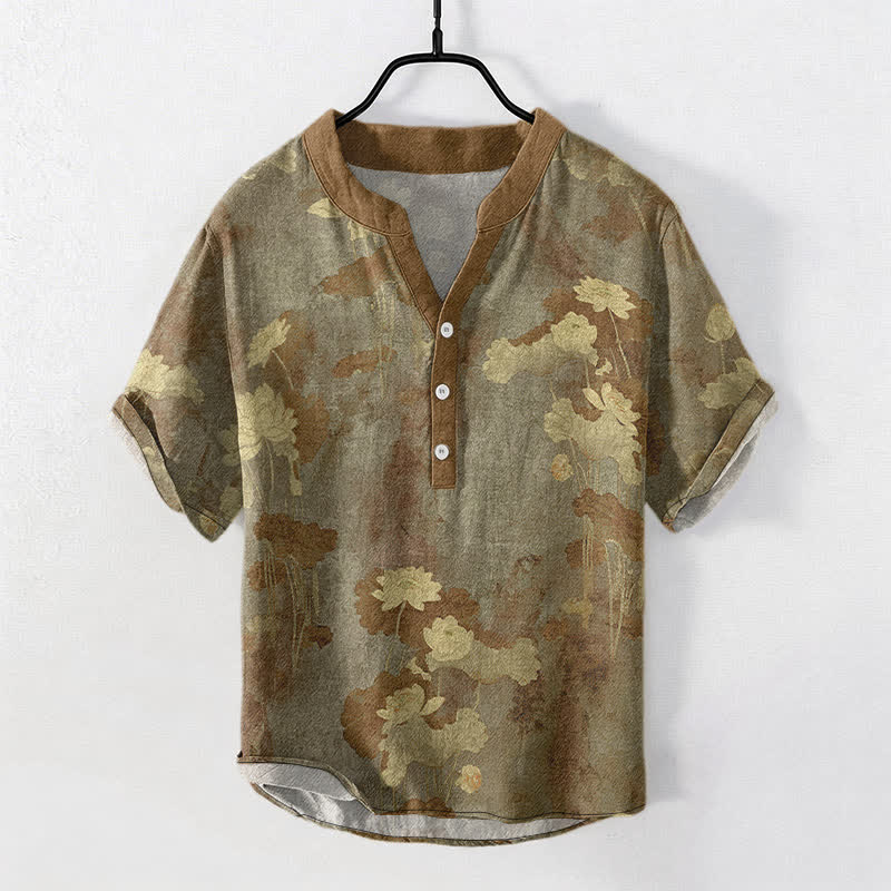Nimara Ritual Cotton Lotus Floral Pattern Men's Short Sleeve Half Button Shirt