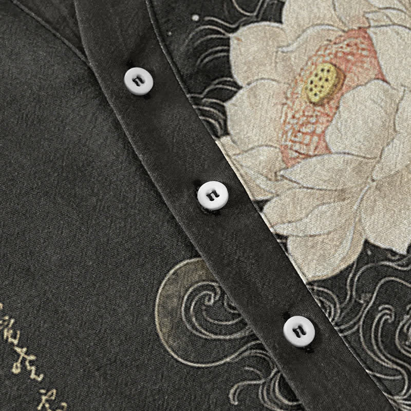 Nimara Ritual Cotton Lotus Wave Pattern Men's Short Sleeve Half Button Shirt