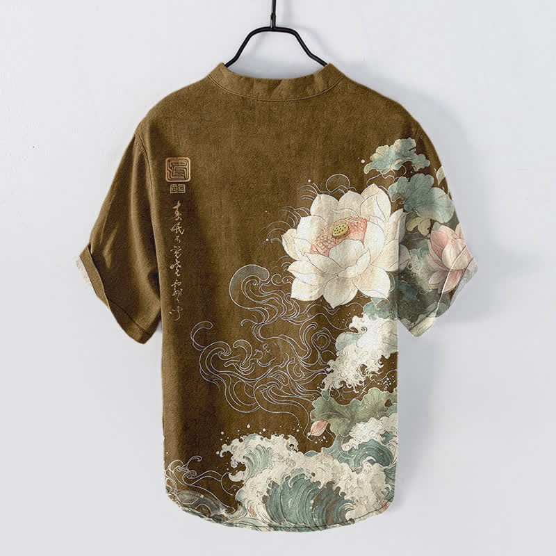Nimara Ritual Cotton Lotus Wave Pattern Men's Short Sleeve Half Button Shirt