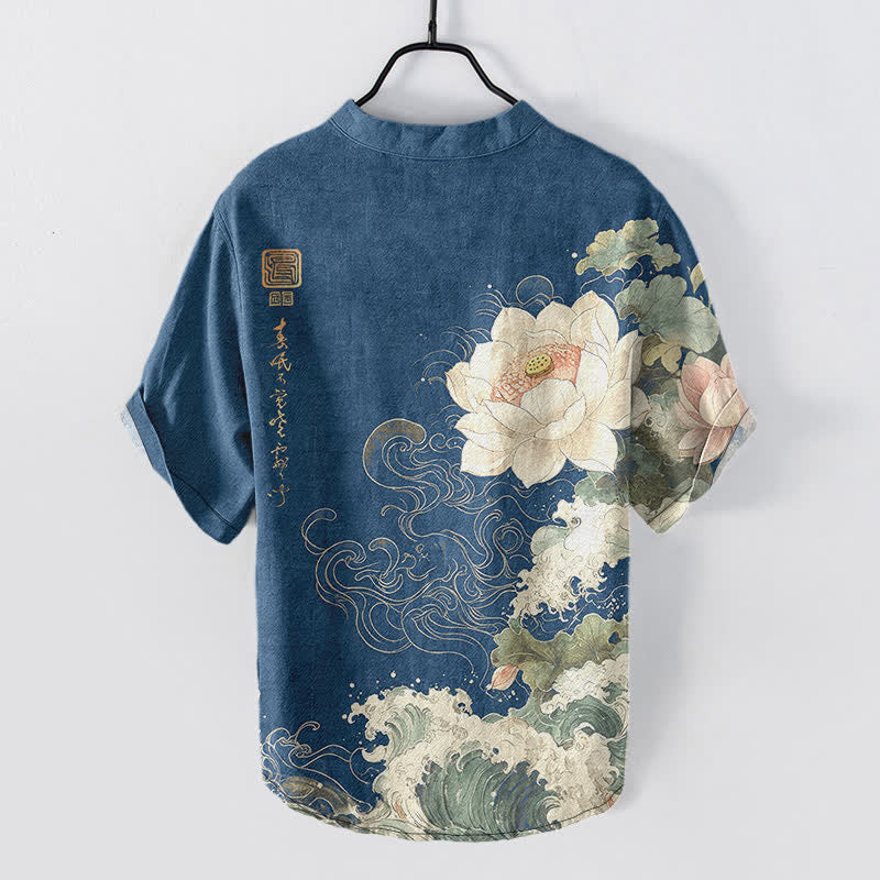 Nimara Ritual Cotton Lotus Wave Pattern Men's Short Sleeve Half Button Shirt