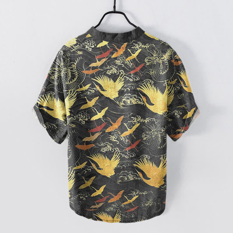 Nimara Ritual Cotton Flying Crane Wave Pattern Men's Short Sleeve Half Button Shirt