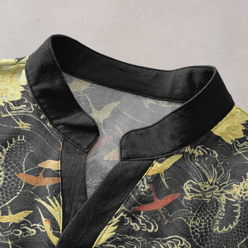 Nimara Ritual Cotton Flying Crane Wave Pattern Men's Short Sleeve Half Button Shirt