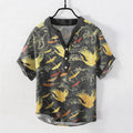 Nimara Ritual Cotton Flying Crane Wave Pattern Men's Short Sleeve Half Button Shirt