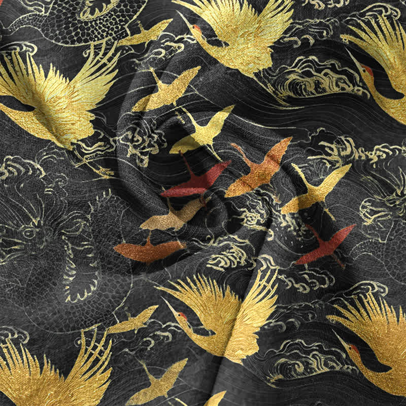 Nimara Ritual Cotton Flying Crane Wave Pattern Men's Short Sleeve Half Button Shirt