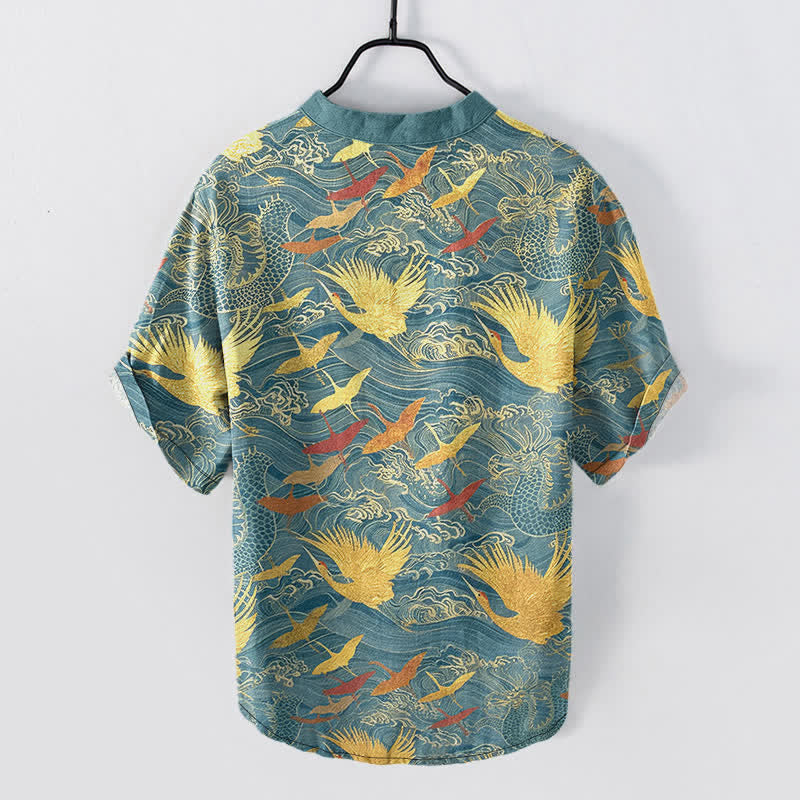 Nimara Ritual Cotton Flying Crane Wave Pattern Men's Short Sleeve Half Button Shirt