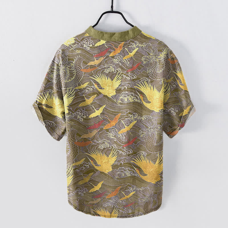 Nimara Ritual Cotton Flying Crane Wave Pattern Men's Short Sleeve Half Button Shirt