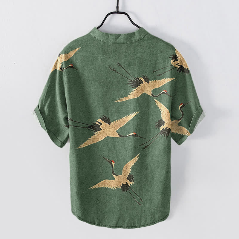Nimara Ritual Cotton Flying Crane Pattern Men's Short Sleeve Half Button Shirt