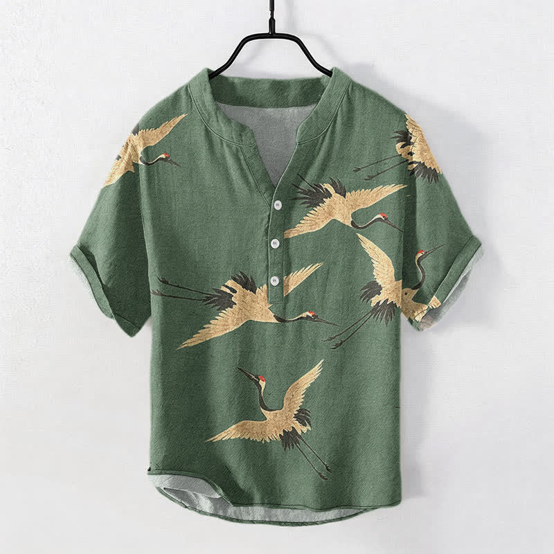 Nimara Ritual Cotton Flying Crane Pattern Men's Short Sleeve Half Button Shirt