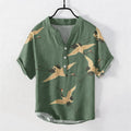 Nimara Ritual Cotton Flying Crane Pattern Men's Short Sleeve Half Button Shirt