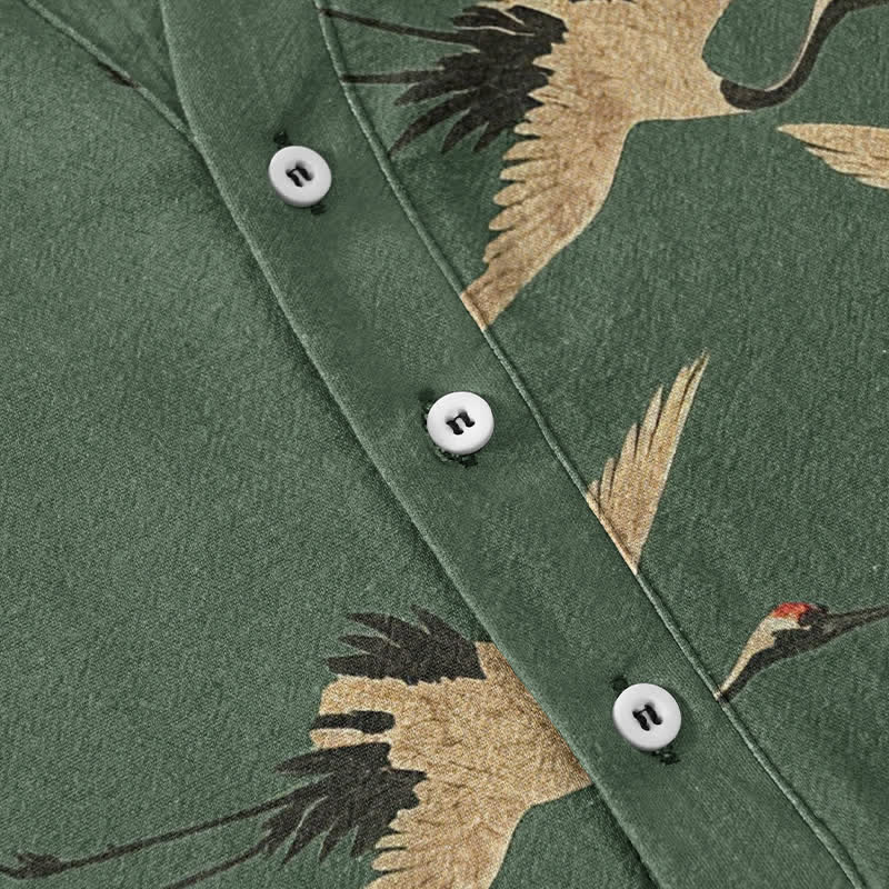 Nimara Ritual Cotton Flying Crane Pattern Men's Short Sleeve Half Button Shirt