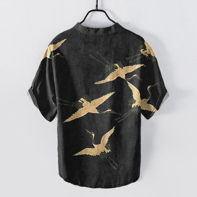 Nimara Ritual Cotton Flying Crane Pattern Men's Short Sleeve Half Button Shirt