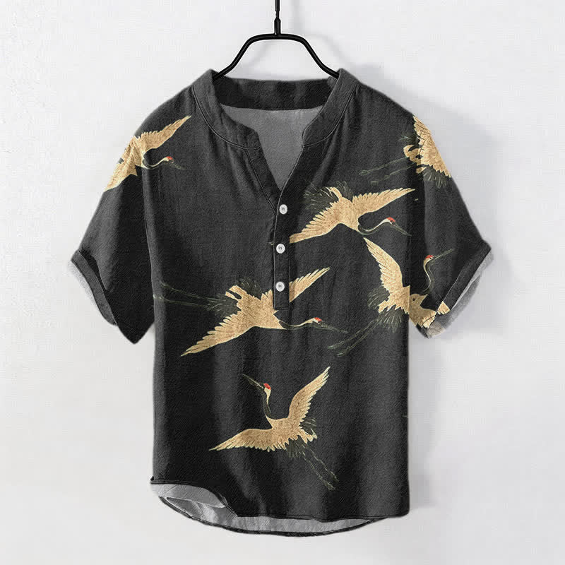 Nimara Ritual Cotton Flying Crane Pattern Men's Short Sleeve Half Button Shirt