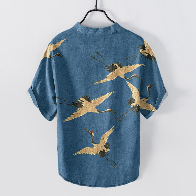 Nimara Ritual Cotton Flying Crane Pattern Men's Short Sleeve Half Button Shirt
