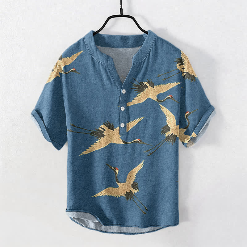 Nimara Ritual Cotton Flying Crane Pattern Men's Short Sleeve Half Button Shirt