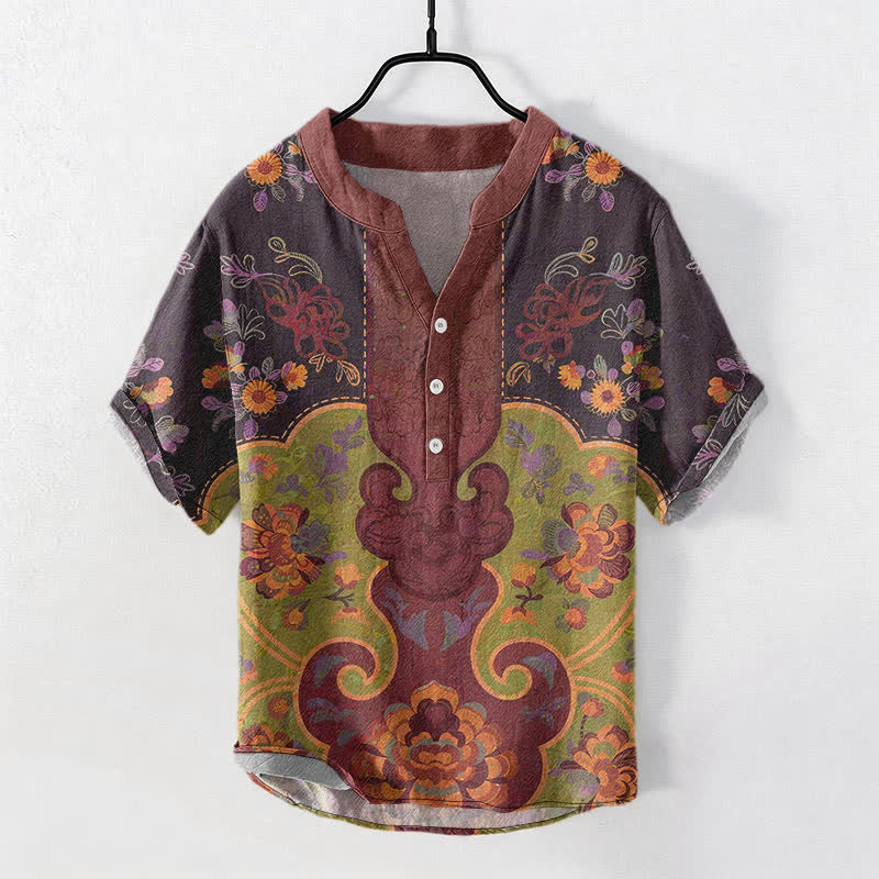 Nimara Ritual Cotton Baroque Floral Pattern Men's Short Sleeve Half Button Shirt