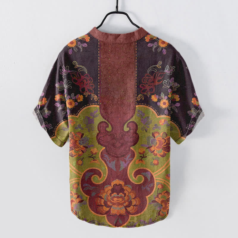 Nimara Ritual Cotton Baroque Floral Pattern Men's Short Sleeve Half Button Shirt