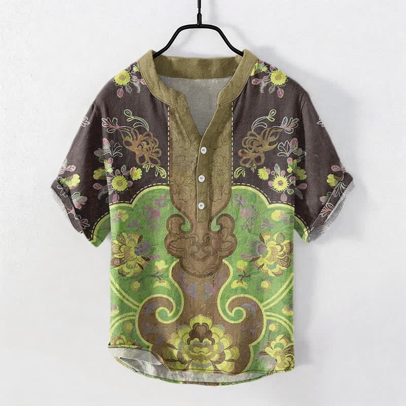 Nimara Ritual Cotton Baroque Floral Pattern Men's Short Sleeve Half Button Shirt