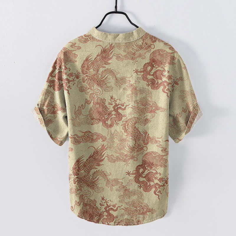 Nimara Ritual Cotton Vintage Dragon Pattern Men's Short Sleeve Half Button Shirt