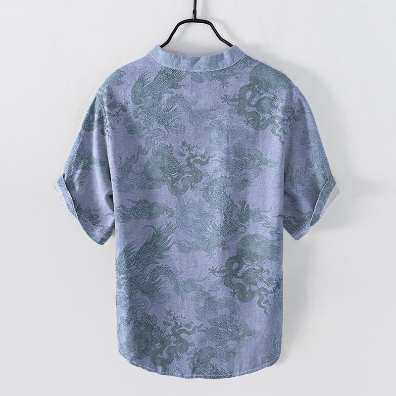 Nimara Ritual Cotton Vintage Dragon Pattern Men's Short Sleeve Half Button Shirt