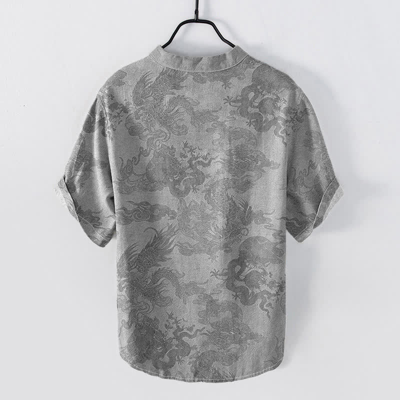 Nimara Ritual Cotton Vintage Dragon Pattern Men's Short Sleeve Half Button Shirt