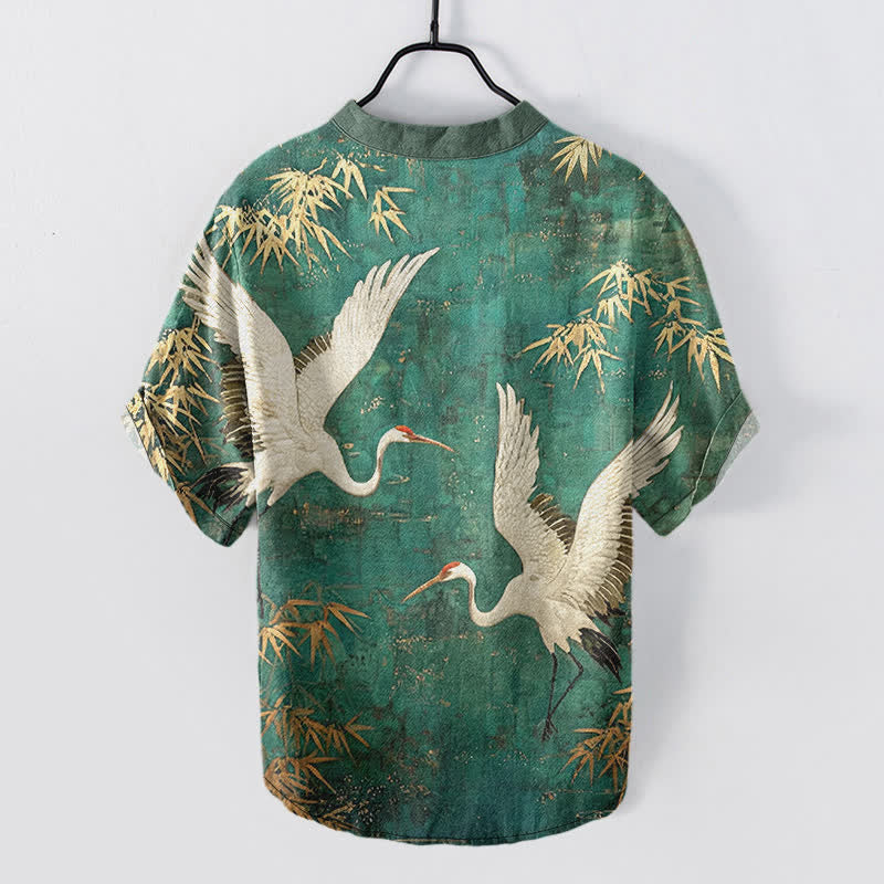 Nimara Ritual Cotton Crane Bamboo Pattern Men's Short Sleeve Half Button Shirt