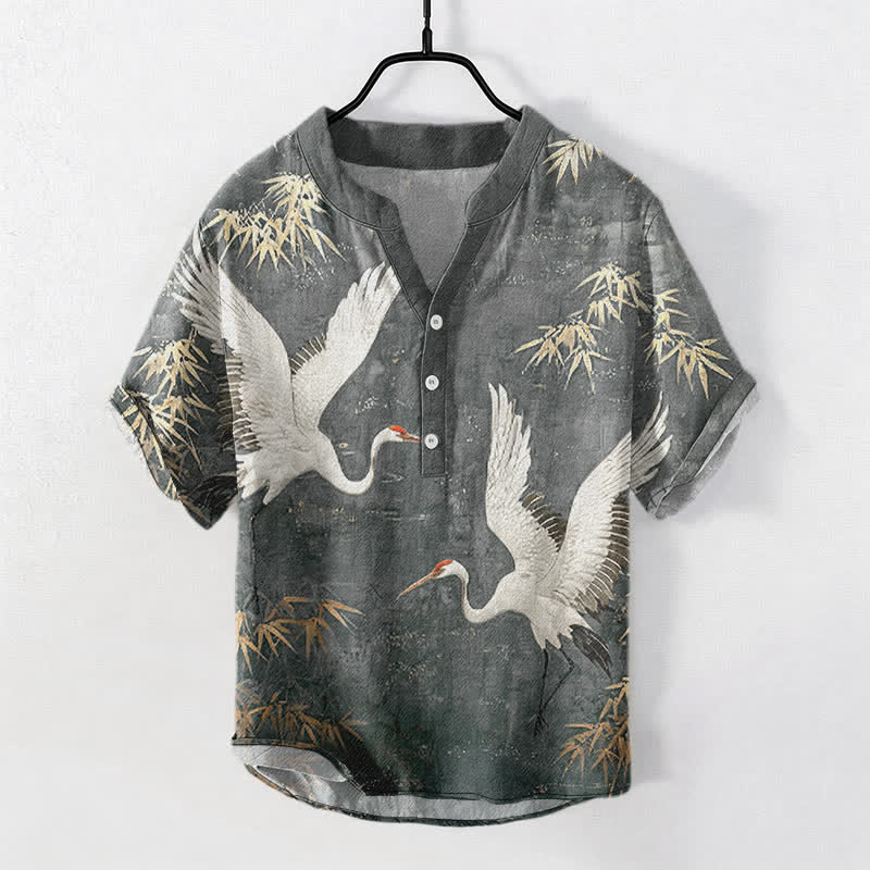 Nimara Ritual Cotton Crane Bamboo Pattern Men's Short Sleeve Half Button Shirt