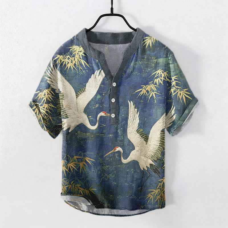 Nimara Ritual Cotton Crane Bamboo Pattern Men's Short Sleeve Half Button Shirt