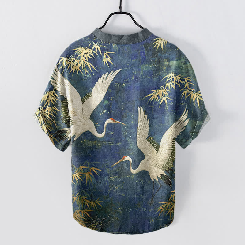 Nimara Ritual Cotton Crane Bamboo Pattern Men's Short Sleeve Half Button Shirt