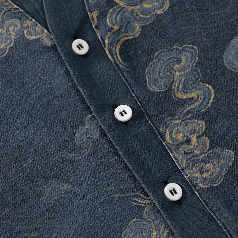 Nimara Ritual Cotton Auspicious Cloud Pattern Men's Short Sleeve Half Button Shirt