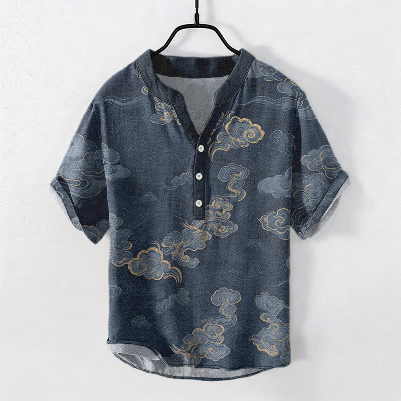 Nimara Ritual Cotton Auspicious Cloud Pattern Men's Short Sleeve Half Button Shirt