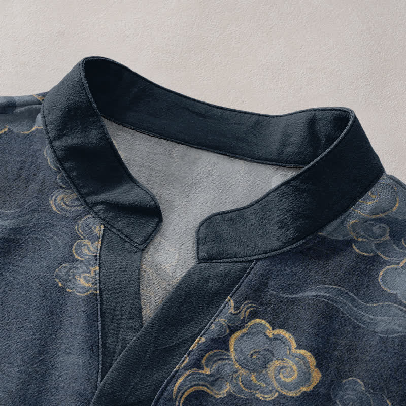 Nimara Ritual Cotton Auspicious Cloud Pattern Men's Short Sleeve Half Button Shirt