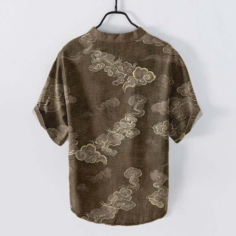 Nimara Ritual Cotton Auspicious Cloud Pattern Men's Short Sleeve Half Button Shirt