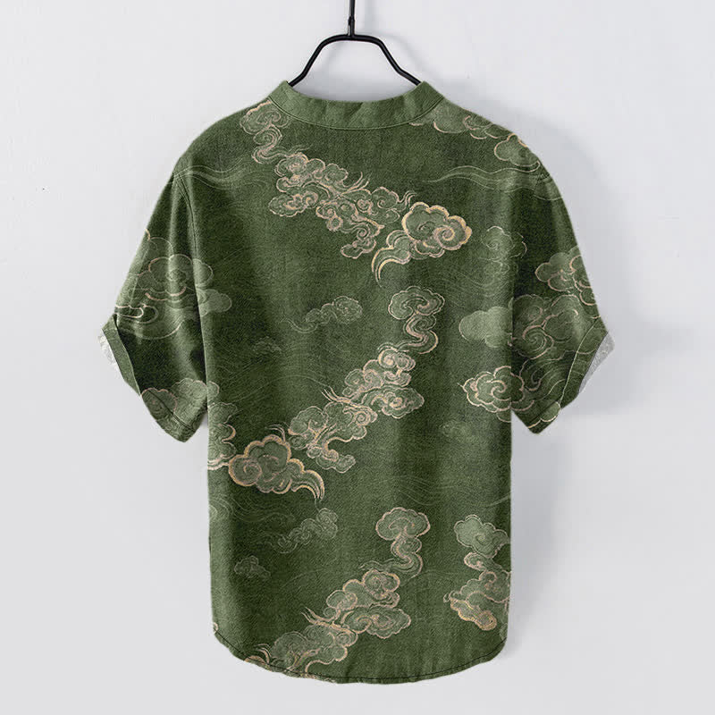 Nimara Ritual Cotton Auspicious Cloud Pattern Men's Short Sleeve Half Button Shirt