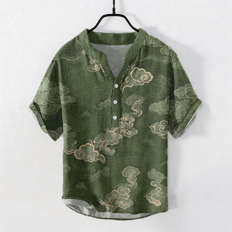Nimara Ritual Cotton Auspicious Cloud Pattern Men's Short Sleeve Half Button Shirt
