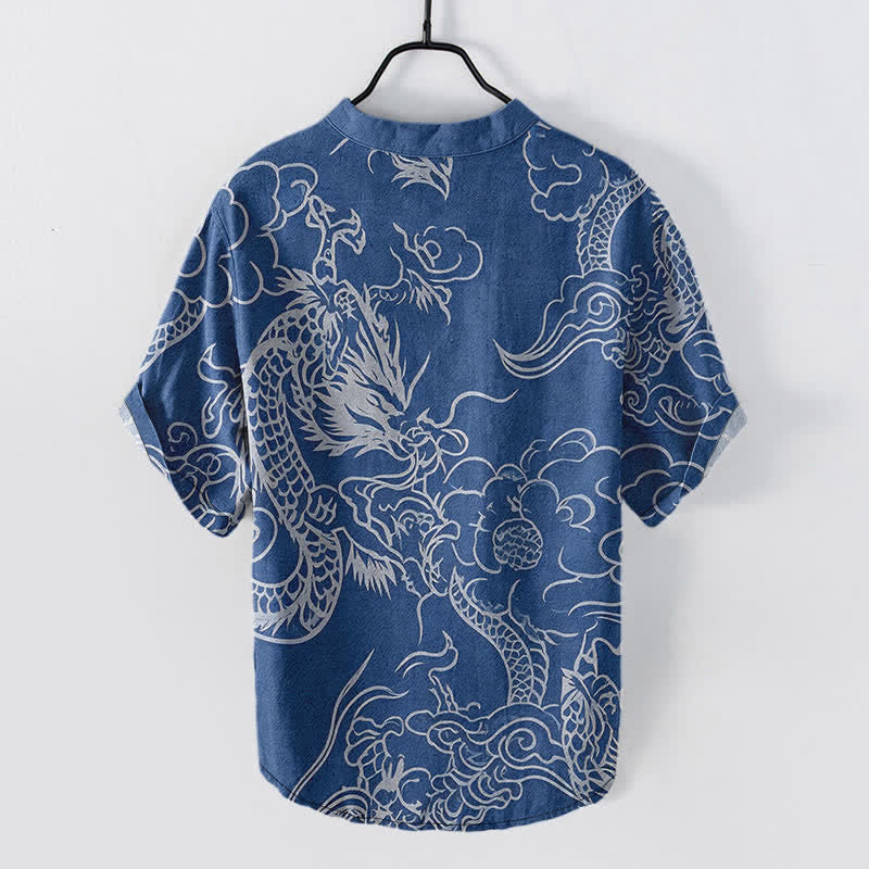 Nimara Ritual Cotton White Dragon Cloud Pattern Men's Short Sleeve Half Button Shirt